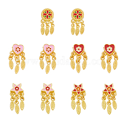 DICOSMETIC 10Pcs 5 Styles Alloy Pendants, with Enamel, Heart & Star & Flat Round and Feather, Matte Gold Color, Mixed Color, 21.5~23mm, Hole: 3~4mm, 2pcs/style