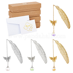 Nbeads boule de verre et marque-pages pendentif papillon en laiton 3d, avec carte de vœux en papier et enveloppes, boîtes en carton, or et argent