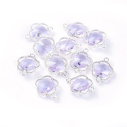 Glass Links connectors, with Eco-Friendly Alloy Open Back Berzel Findings, Faceted, Flower, Silver Color Plated, Lilac, 15.5x12x4mm, Hole: 1.4mm