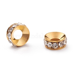 Abalorios de latón Diamante de imitación espaciador, Grado A, rerondana plana, color metal dorado, cristal, 9x4mm, agujero: 4 mm