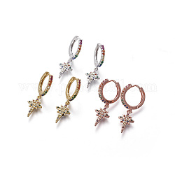 Brass Dangle Hoop Earrings, with Micro Pave Cubic Zirconia, Star, Colorful, Mixed Color, 29mm, Pin: 0.7mm