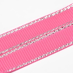Polyester Grosgrain Ribbons for Gift Packing, Silver Wired Edge Ribbon, Hot Pink, 1/4 inch(6mm), about 100yards/roll(91.44m/roll)