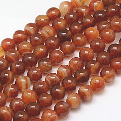 Natural Striped Agate/Banded Agate Beads Strands, Dyed, Round, FireBrick, 10mm, Hole: 1mm