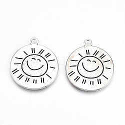 Tibetan Style Alloy Pendants, Lead Free & Cadmium Free, Flat Round with Sun Pattern, Back with Word, Antique Silver, 27.5x24x1mm, Hole: 2.5mm, about 166pcs/500g