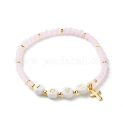 Glass Beads Stretch Bracelets, with Acrylic & Brass Beads, 304 Stainless Steel Cross Charms, Word Love, Pink, Inner Diameter: 2-1/4 inch(5.7cm)