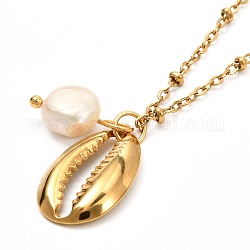 Collar con colgante de concha de cauri y perla natural para mujeres adolescentes, dorado, 19.4 pulgada (49.3 cm)