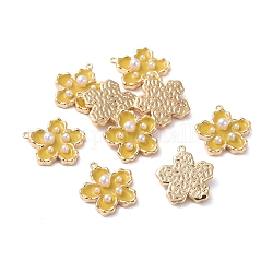 Enamel Pendants, with Brass Findings and Acrylic Pearl, Real 18K Gold Plated, Flower, Yellow, 16.5x15x4mm, Hole: 1mm
