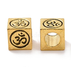 Perline foro grande in lega sitle tibetano, perline con foro grande, cubo con simbolo om, oro antico, 7.5x7.5x7.5mm, Foro: 4.7 mm, circa 617pcs/1000g