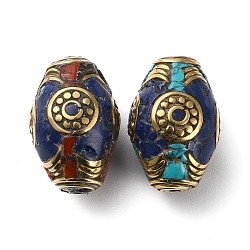 Handmade tibetischen Stil Perlen, mit Messingbeschlägen und synthetischem Türkis, Antik Golden, Fass, 24x15.5 mm, Bohrung: 1.2 mm