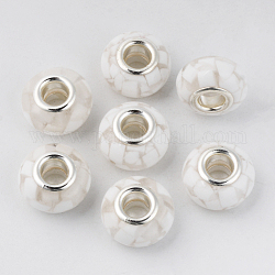 Resina perline europei, perline con foro grande, con tono platino ottone doppie core, rondelle, bianco floreale, 14x9mm, Foro: 5 mm