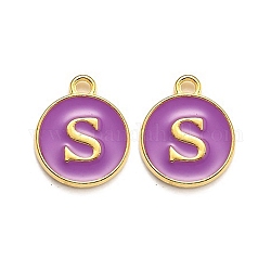 Golden Plated Alloy Enamel Charms, Enamelled Sequins, Flat Round with Alphabet, Letter.S, Purple, 14x12x2mm, Hole: 1.5mm
