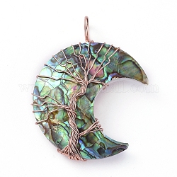 Natural Abalone Shell/Paua Shell Wire Wrapped Pendants, with Brass Findings, Long-Lasting Plated, Moon, Rose Gold, 47x31.5x10mm, Hole: 6.5x4.5mm