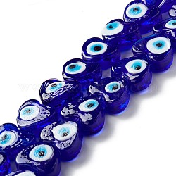 Main mal de perles au chalumeau des yeux, cœur, bleu, 14.5~15x15.5~16x6.5~7.5mm, Trou: 1~1.6mm, Environ 25 pcs/chapelet, 14.02~13.66 pouce (34.7~35.6 cm)