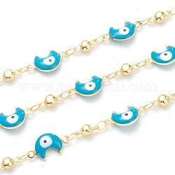 Golden Brass Link Chain, with Enamel Moon Shape Evil Eye Charms, Long-Lasting Plated, with Spool, Soldered, Light Blue, Link: 13.5x7x3mm and 8x3.5x3mm, 32.8 Feet(10m)/roll