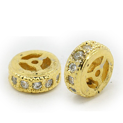 Brass Cubic Zirconia Beads, Flat Round, Golden, 8x2.5mm, Hole: 1mm