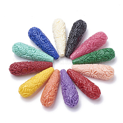 Perles de corail synthétiques, teinte, goutte , couleur mixte, 33~35x11~12x10.5mm, Trou: 1.5mm