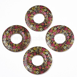 Bedruckte Holzanhänger, Donut mit Blumenmuster, Farbig, 45x5 mm, Bohrung: 1.6 mm