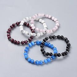 Cat Eye Beads Stretch Bracelets, with 304 Stainless Steel Smooth Beads, Round, Mixed Color, 2-1/8 inch(5.3cm)