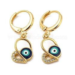 Real 18K Gold Plated Brass Dangle Leverback Earrings, with Enamel and Cubic Zirconia, Evil Eye, Midnight Blue, 27x10mm