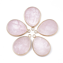 Ciondoli quazo rosa naturale, con accessori di ottone, lacrima, oro, 30.5x21~22x3~3.5mm, Foro: 2 mm