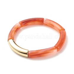Imitation Gemstone Acrylic Curved Tube Beaded Stretch Bracelet, Chunky Bracelet for Women, Coral, Inner Diameter: 2-1/8 inch(5.3cm)