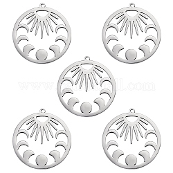 5Pcs 201 Stainless Steel Pendants, Laser Cut, Moon Phase Charms, Stainless Steel Color, 30x28x1mm, Hole: 1.4mm