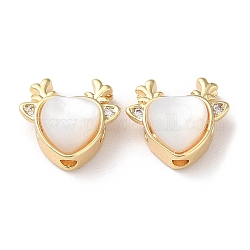 Perles de zircone cubique micro pave en Laiton, avec coquille, cerf avec coeur, véritable 18k plaqué or, 10x11x5mm, Trou: 1.6mm