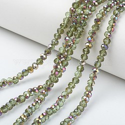 Placcare trasparente perle di vetro fili, la metà placcato oro rosa, sfaccettato, rondelle, verde giallo, 8x6mm, Foro: 1 mm, circa 65~68pcs/filo, 15.7~16.1 pollice (40~41 cm)