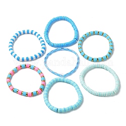Set di braccialetti elastici da surfista heishi in argilla polimerica 7 pz 7, braccialetti di semi di vetro, gioielli preppy per le donne, dodger blu, diametro interno: 2-1/8 pollice (5.5 cm), 1pc / style