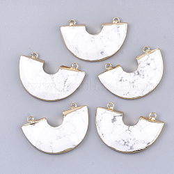 Electroplate Natural Howlite Semi Circle Pendants, with Iron Findings, Faceted, Half Round, Golden, 28~28.5x41x5~7mm, Hole: 2.5mm