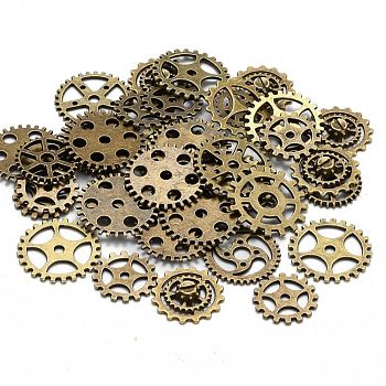Metal Alloy Steampunk Gear Charms Connectors Cog Pendants, Lead Free & Nickel Free, Antique Bronze, 19~25x1~1.5mm, Hole: 2~14.5mm, about 256~273pcs/500g