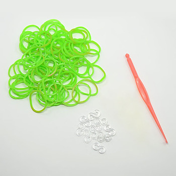 (Defective Closeout Sale), Dyed Rubber Bands Refills, with Tool and Plastic S-Clips, Lawn Green, Hook: 80x6x3mm, Tool: 25x54x7mm, Clip: 11x6x2mm, Band: 6x1mm, about 260pcs/bag