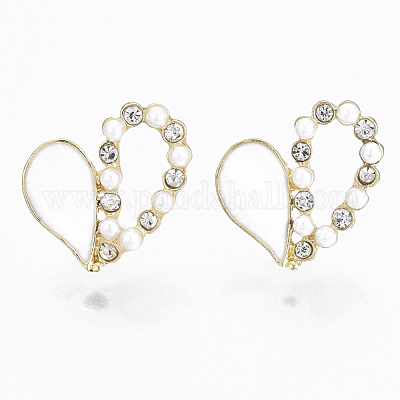 Heart Alloy Enamel Stud Earrings, with Cupronickel Pin, Crystal Rhinestone  and ABS Plastic Imitation Pearl, Golden, Creamy White, 17x16mm, Pin: 0.7mm