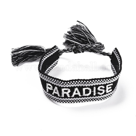 Bracelet tressé en polycoton (coton polyester) word paradise avec breloque pompon BJEW-F429-09-1