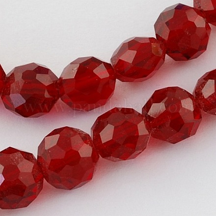 Faceted Dark Red Glass Flat Round Bead Strands X-GLAA-R044-8mm-09-1