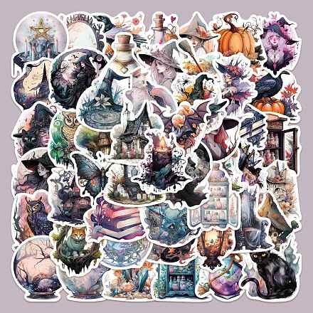 50 Uds. Pegatinas autoadhesivas de dibujos animados de pvc con tema de bruja de halloween X-STIC-PW0015-01-1