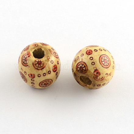 Perles rondes en bois d'érable naturel imprimées WOOD-R243-16mm-B08-1