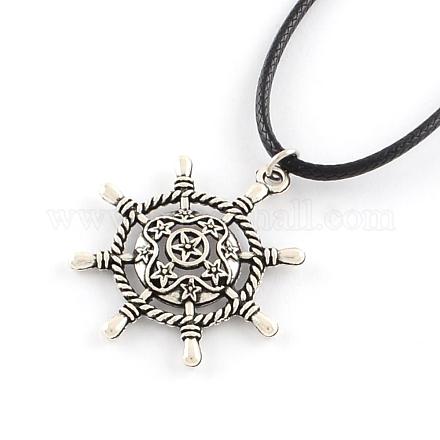 Helm Zinc Alloy Pendant Necklaces with Waxed Cord and Iron End Extender Chains NJEW-R228-57AS-1