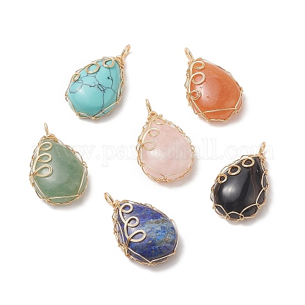 6Pcs Natural & Synthetic Mixed Gemstone Copper Wire Wrapped Pendants PALLOY-JF02017-1