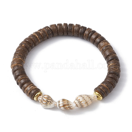 Bracelets extensibles en perles de noix de coco et de coquillages naturels BJEW-JB09978-1