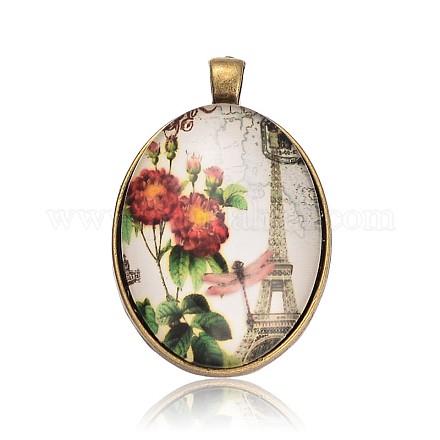 Oval Antique Bronze Plated Alloy Flower Photo Glass Big Pendants PALLOY-J553-01AB-NF-1