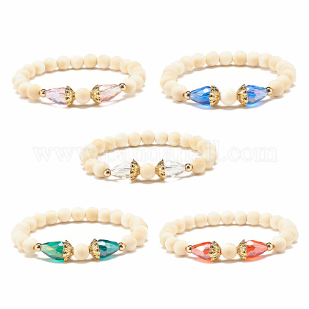Bracelet extensible en perles rondes en bois naturel avec verre en forme de larme BJEW-JB07822-1