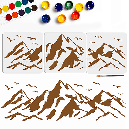 Mayjoydiy 3 pz stencil di montagna modello di uccello di montagna montagne paesaggio stencil riutilizzabile stile di giunzione 33×10.9 pollici con pennello fai da te arte della parete mobili decorazione su tela DIY-MA0001-38C-1