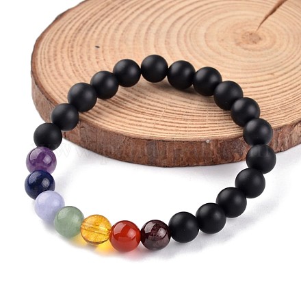 Chakra agate naturel noir bracelets en perles extensibles X-BJEW-JB02225-02-1