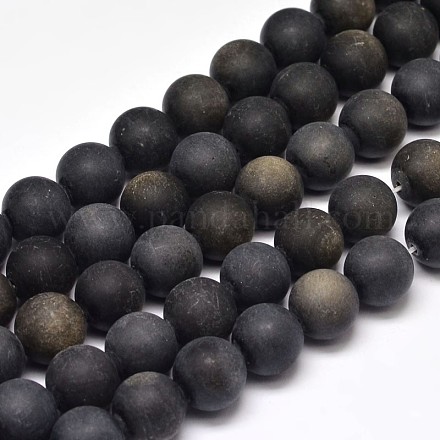 Frosted Natural Golden Sheen Obsidian Round Bead Strands G-F266-04-12mm-1