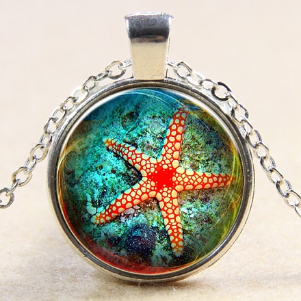 Verre fantaisie monde sous-marin étoile de mer rouge/étoiles de mer temps gemme pendentif colliers NJEW-N0051-001E-02-1
