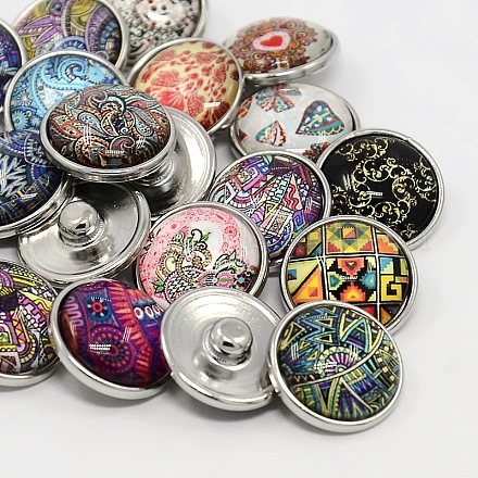 Platinum Plated Brass Glass Flat Round with Abstraction Painting  Jewelry Snap Buttons X-SNAP-M023-A-M-1