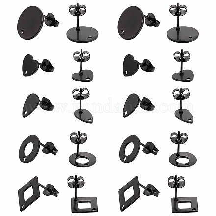 Sunnyclue 1 boîte de 30 pièces 5 styles de boucles d'oreilles noires en acier inoxydable avec boucle en métal STAS-SC0004-31-1