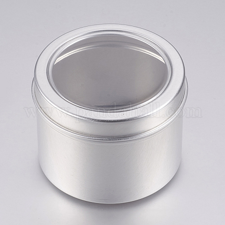 丸いアルミ缶  アルミジャー  アクセサリービーズの保管容器  キャンディー  スリッポンリッドとクリアウィンドウ付き  プラチナ  6x4.65cm  容量：60ml（2.02液量オンス） X-CON-L007-01-60ml-1