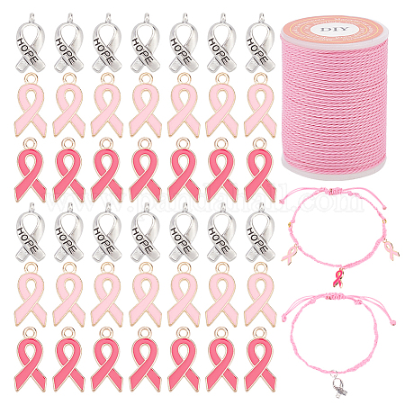 PH PandaHall 60pcs Breast Cancer Awareness Charms Pink and Silver